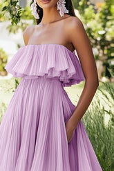 Flieder Trägerloses Midi Partykleid aus Chiffon mit Rüschen
